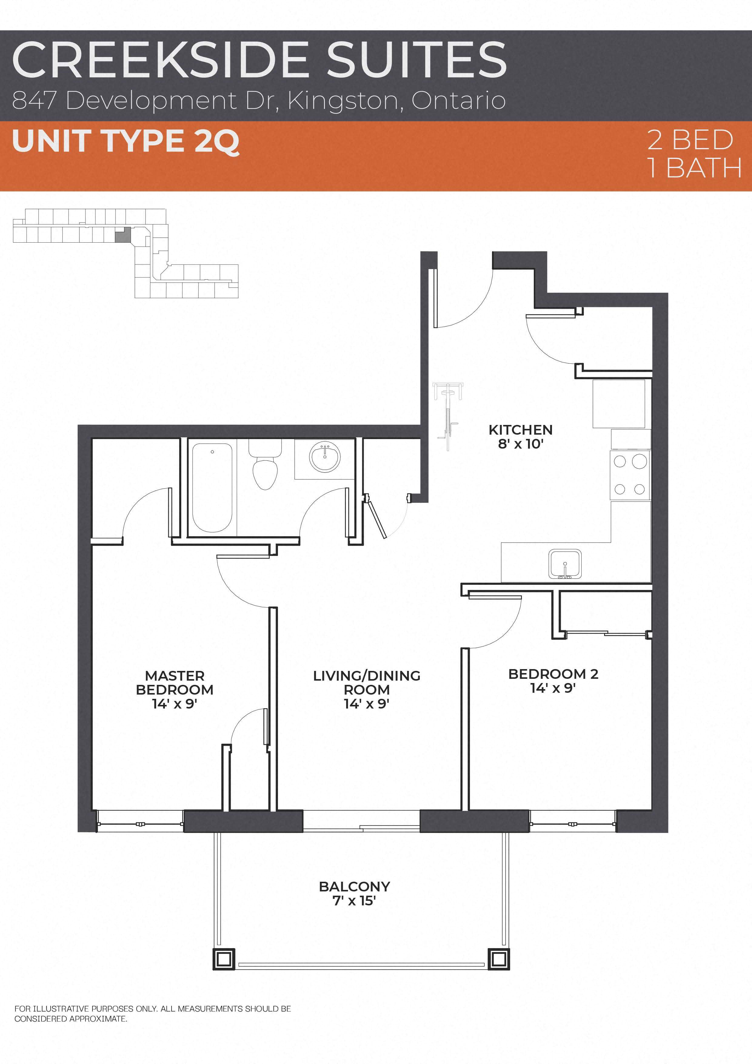 Floor plan for 2 beds, 1 bath, 697 sqft